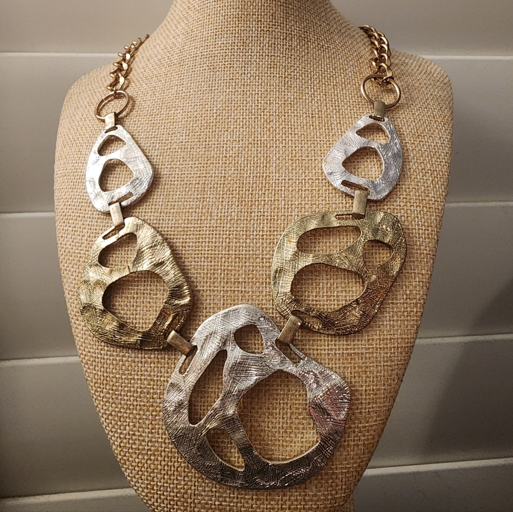 Two-Tone Statement Necklace Textured Mixed Metal Abstract Links Gold & Silver